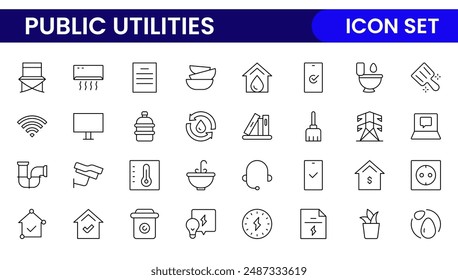 Colección de iconos con signo lineal de servicios públicos. Colección de iconos de línea fina firmada. Conjunto de iconos de esquema simple de utilidades públicas.