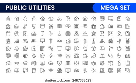 Public utilities linear signed icon collection. Signed thin line icons collection. Set of public utilities simple outline icons.