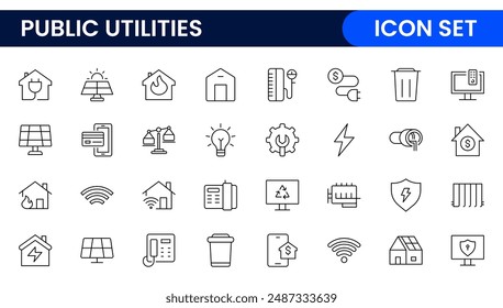 Colección de iconos con signo lineal de servicios públicos. Colección de iconos de línea fina firmada. Conjunto de iconos de esquema simple de utilidades públicas.