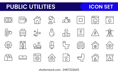 Public utilities linear signed icon collection. Signed thin line icons collection. Set of public utilities simple outline icons.