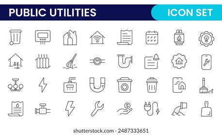 Public utilities linear signed icon collection. Signed thin line icons collection. Set of public utilities simple outline icons.