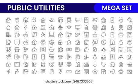 Public utilities linear signed icon collection. Signed thin line icons collection. Set of public utilities simple outline icons.