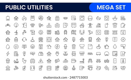  Colección de iconos con signo lineal de servicios públicos. Colección de iconos de línea fina firmada. Conjunto de iconos de esquema simple de utilidades públicas.