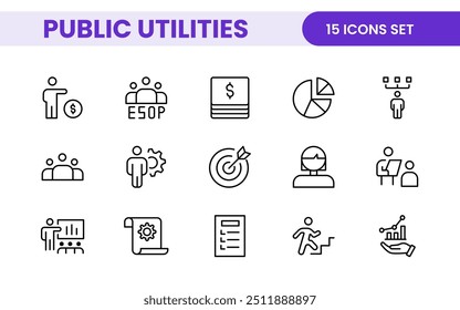  Coleção de ícones assinados lineares de serviços públicos. Coleção de ícones de linha fina assinados. Conjunto de ícones de estrutura de tópicos simples de serviços públicos.