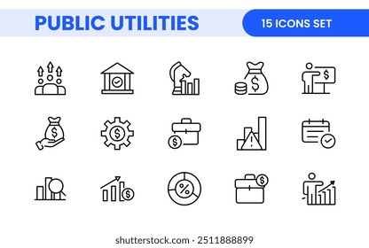  Coleção de ícones assinados lineares de serviços públicos. Coleção de ícones de linha fina assinados. Conjunto de ícones de estrutura de tópicos simples de serviços públicos.