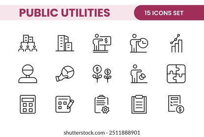  Colección de iconos con signo lineal de servicios públicos. Colección de iconos de línea delgada firmada. Conjunto de iconos de contorno simples de servicios públicos.