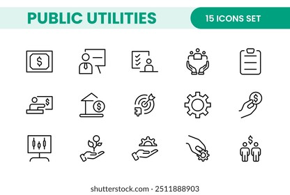  Coleção de ícones assinados lineares de serviços públicos. Coleção de ícones de linha fina assinados. Conjunto de ícones de estrutura de tópicos simples de serviços públicos.