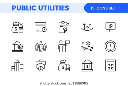  Coleção de ícones assinados lineares de serviços públicos. Coleção de ícones de linha fina assinados. Conjunto de ícones de estrutura de tópicos simples de serviços públicos.