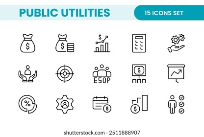  Coleção de ícones assinados lineares de serviços públicos. Coleção de ícones de linha fina assinados. Conjunto de ícones de estrutura de tópicos simples de serviços públicos.