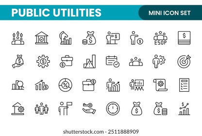  Coleção de ícones assinados lineares de serviços públicos. Coleção de ícones de linha fina assinados. Conjunto de ícones de estrutura de tópicos simples de serviços públicos.