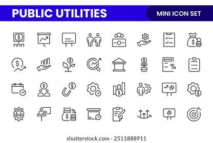  Coleção de ícones assinados lineares de serviços públicos. Coleção de ícones de linha fina assinados. Conjunto de ícones de estrutura de tópicos simples de serviços públicos.