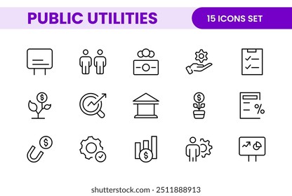  Coleção de ícones assinados lineares de serviços públicos. Coleção de ícones de linha fina assinados. Conjunto de ícones de estrutura de tópicos simples de serviços públicos.