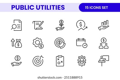 Coleção de ícones assinados lineares de serviços públicos. Coleção de ícones de linha fina assinados. Conjunto de ícones de estrutura de tópicos simples de serviços públicos.