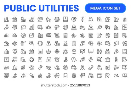  Coleção de ícones assinados lineares de serviços públicos. Coleção de ícones de linha fina assinados. Conjunto de ícones de estrutura de tópicos simples de serviços públicos.