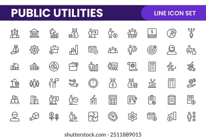  Coleção de ícones assinados lineares de serviços públicos. Coleção de ícones de linha fina assinados. Conjunto de ícones de estrutura de tópicos simples de serviços públicos.