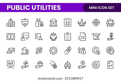  Coleção de ícones assinados lineares de serviços públicos. Coleção de ícones de linha fina assinados. Conjunto de ícones de estrutura de tópicos simples de serviços públicos.