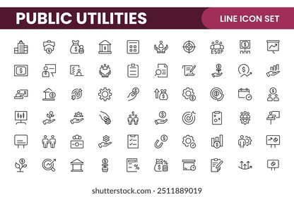  Coleção de ícones assinados lineares de serviços públicos. Coleção de ícones de linha fina assinados. Conjunto de ícones de estrutura de tópicos simples de serviços públicos.