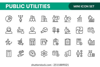  Coleção de ícones assinados lineares de serviços públicos. Coleção de ícones de linha fina assinados. Conjunto de ícones de estrutura de tópicos simples de serviços públicos.