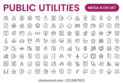  Coleção de ícones assinados lineares de serviços públicos. Coleção de ícones de linha fina assinados. Conjunto de ícones de estrutura de tópicos simples de serviços públicos.