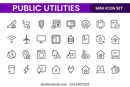  Coleção de ícones assinados lineares de serviços públicos. Coleção de ícones de linha fina assinados. Conjunto de ícones de estrutura de tópicos simples de serviços públicos.