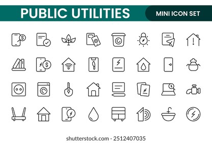  Coleção de ícones assinados lineares de serviços públicos. Coleção de ícones de linha fina assinados. Conjunto de ícones de estrutura de tópicos simples de serviços públicos.