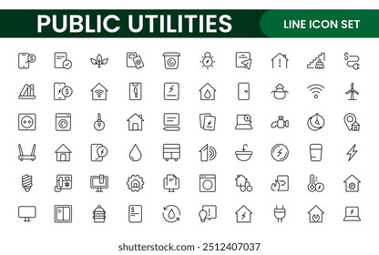  Coleção de ícones assinados lineares de serviços públicos. Coleção de ícones de linha fina assinados. Conjunto de ícones de estrutura de tópicos simples de serviços públicos.