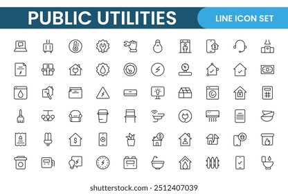  Coleção de ícones assinados lineares de serviços públicos. Coleção de ícones de linha fina assinados. Conjunto de ícones de estrutura de tópicos simples de serviços públicos.