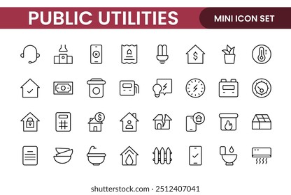  Coleção de ícones assinados lineares de serviços públicos. Coleção de ícones de linha fina assinados. Conjunto de ícones de estrutura de tópicos simples de serviços públicos.