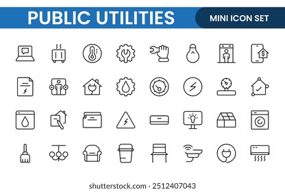  Coleção de ícones assinados lineares de serviços públicos. Coleção de ícones de linha fina assinados. Conjunto de ícones de estrutura de tópicos simples de serviços públicos.