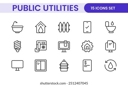 Coleção de ícones assinados lineares de serviços públicos. Coleção de ícones de linha fina assinados. Conjunto de ícones de estrutura de tópicos simples de serviços públicos.