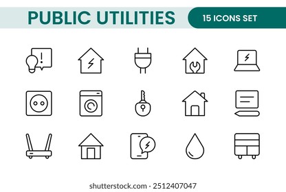 Coleção de ícones assinados lineares de serviços públicos. Coleção de ícones de linha fina assinados. Conjunto de ícones de estrutura de tópicos simples de serviços públicos.