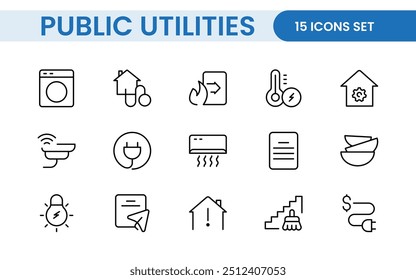  Coleção de ícones assinados lineares de serviços públicos. Coleção de ícones de linha fina assinados. Conjunto de ícones de estrutura de tópicos simples de serviços públicos.