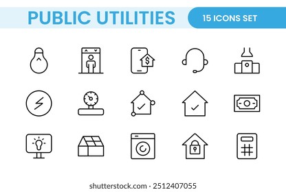  Coleção de ícones assinados lineares de serviços públicos. Coleção de ícones de linha fina assinados. Conjunto de ícones de estrutura de tópicos simples de serviços públicos.