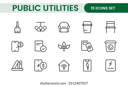  Coleção de ícones assinados lineares de serviços públicos. Coleção de ícones de linha fina assinados. Conjunto de ícones de estrutura de tópicos simples de serviços públicos.