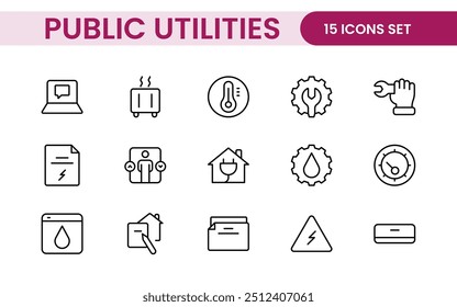  Coleção de ícones assinados lineares de serviços públicos. Coleção de ícones de linha fina assinados. Conjunto de ícones de estrutura de tópicos simples de serviços públicos.