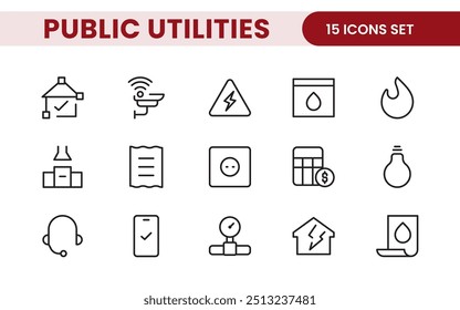 Coleção de ícones assinados lineares de serviços públicos. Coleção de ícones de linha fina assinados. Conjunto de ícones de estrutura de tópicos simples de serviços públicos.