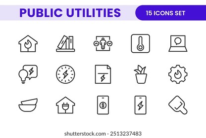 Coleção de ícones assinados lineares de serviços públicos. Coleção de ícones de linha fina assinados. Conjunto de ícones de estrutura de tópicos simples de serviços públicos.
