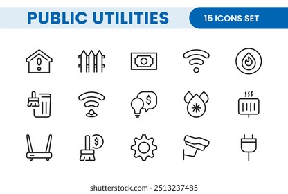 Coleção de ícones assinados lineares de serviços públicos. Coleção de ícones de linha fina assinados. Conjunto de ícones de estrutura de tópicos simples de serviços públicos.