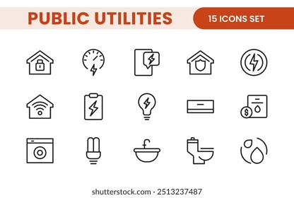 Coleção de ícones assinados lineares de serviços públicos. Coleção de ícones de linha fina assinados. Conjunto de ícones de estrutura de tópicos simples de serviços públicos.
