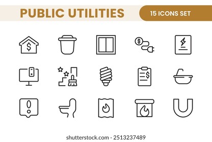 Coleção de ícones assinados lineares de serviços públicos. Coleção de ícones de linha fina assinados. Conjunto de ícones de estrutura de tópicos simples de serviços públicos.