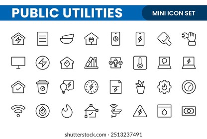 Coleção de ícones assinados lineares de serviços públicos. Coleção de ícones de linha fina assinados. Conjunto de ícones de estrutura de tópicos simples de serviços públicos.