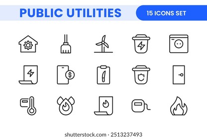 Coleção de ícones assinados lineares de serviços públicos. Coleção de ícones de linha fina assinados. Conjunto de ícones de estrutura de tópicos simples de serviços públicos.