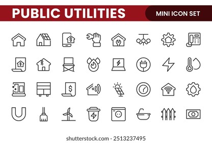 Coleção de ícones assinados lineares de serviços públicos. Coleção de ícones de linha fina assinados. Conjunto de ícones de estrutura de tópicos simples de serviços públicos.