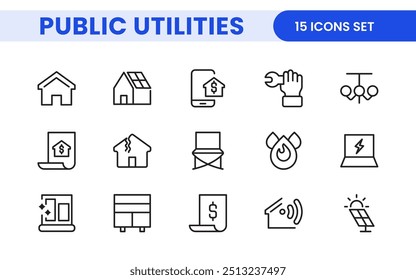 Coleção de ícones assinados lineares de serviços públicos. Coleção de ícones de linha fina assinados. Conjunto de ícones de estrutura de tópicos simples de serviços públicos.