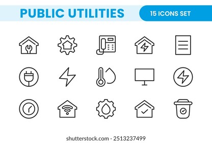 Coleção de ícones assinados lineares de serviços públicos. Coleção de ícones de linha fina assinados. Conjunto de ícones de estrutura de tópicos simples de serviços públicos.