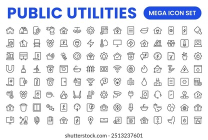 Coleção de ícones assinados lineares de serviços públicos. Coleção de ícones de linha fina assinados. Conjunto de ícones de estrutura de tópicos simples de serviços públicos.