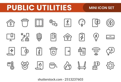 Coleção de ícones assinados lineares de serviços públicos. Coleção de ícones de linha fina assinados. Conjunto de ícones de estrutura de tópicos simples de serviços públicos.