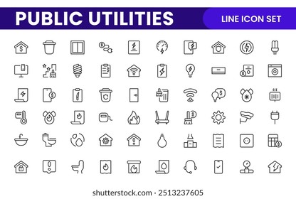 Coleção de ícones assinados lineares de serviços públicos. Coleção de ícones de linha fina assinados. Conjunto de ícones de estrutura de tópicos simples de serviços públicos.