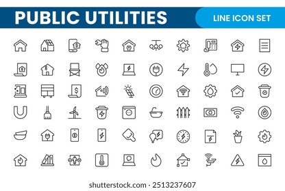 Coleção de ícones assinados lineares de serviços públicos. Coleção de ícones de linha fina assinados. Conjunto de ícones de estrutura de tópicos simples de serviços públicos.