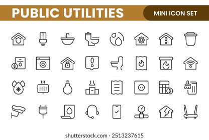 Coleção de ícones assinados lineares de serviços públicos. Coleção de ícones de linha fina assinados. Conjunto de ícones de estrutura de tópicos simples de serviços públicos.